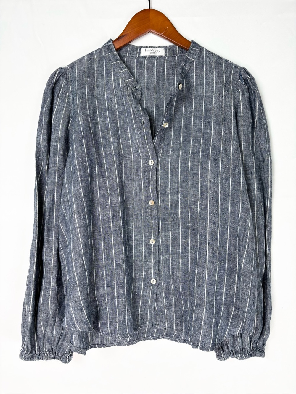 Lanhtropy Meknes Linen Shirt Navy Stripes Size L Women Button Up Balloon